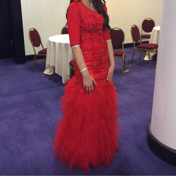 Jasz Couture 4920 Red Mermaid Dress with Custom Sleeves - Picture 2 of 6